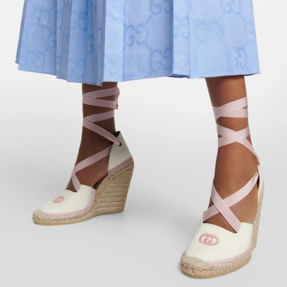 NEW Gucci GG Judie Lace Up Ballerina Espadrille Wedges - Picture 9 of 16